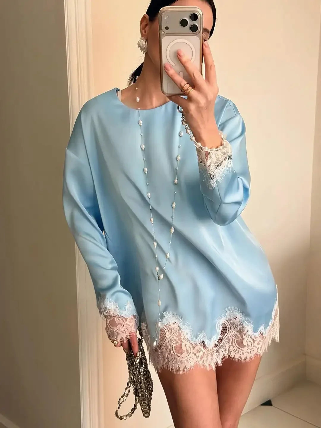 Elegant Satin Lace Midi Dress