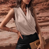 Women Sleeveless Satin Pleated Blouse