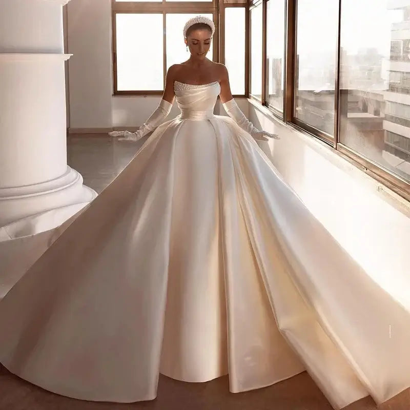Women Elegant Pearl Wedding Dress Satin A-Line Gown