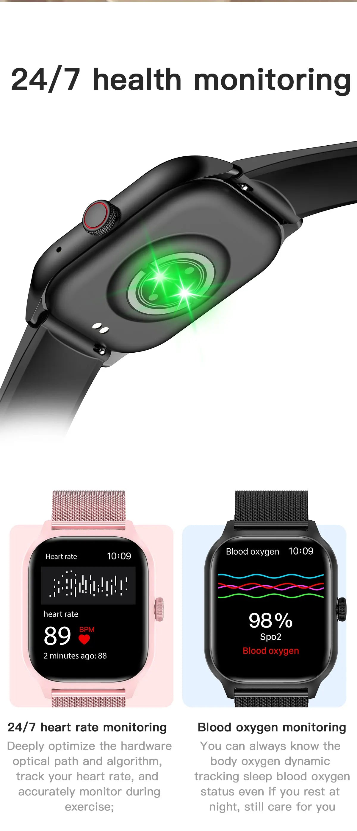 LEMFOT LT10 Smart Watch displaying 24/7 heart rate and blood oxygen monitoring features.