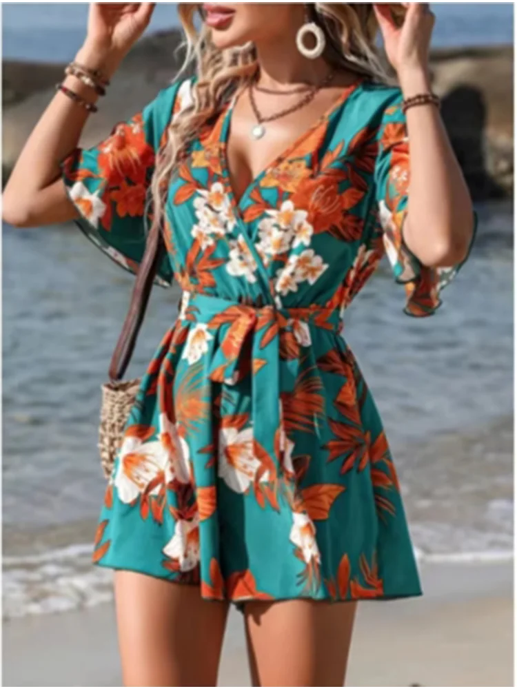 BreezyWave™ – Printed V-Neck Beach Jumpsuit (Fresh, Lightweight & Laid-Back)