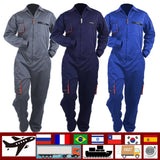 Mechanic welding coveralls in grey, navy, and blue, designed for unisex auto repair and safety, waterproof and quick-dry.