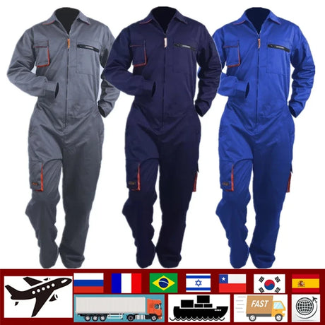 Mechanic welding coveralls in grey, navy, and blue, designed for unisex auto repair and safety, waterproof and quick-dry.