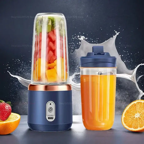 Portable USB fruit juicer blender with mixed fruit and orange juice, stainless steel blades.