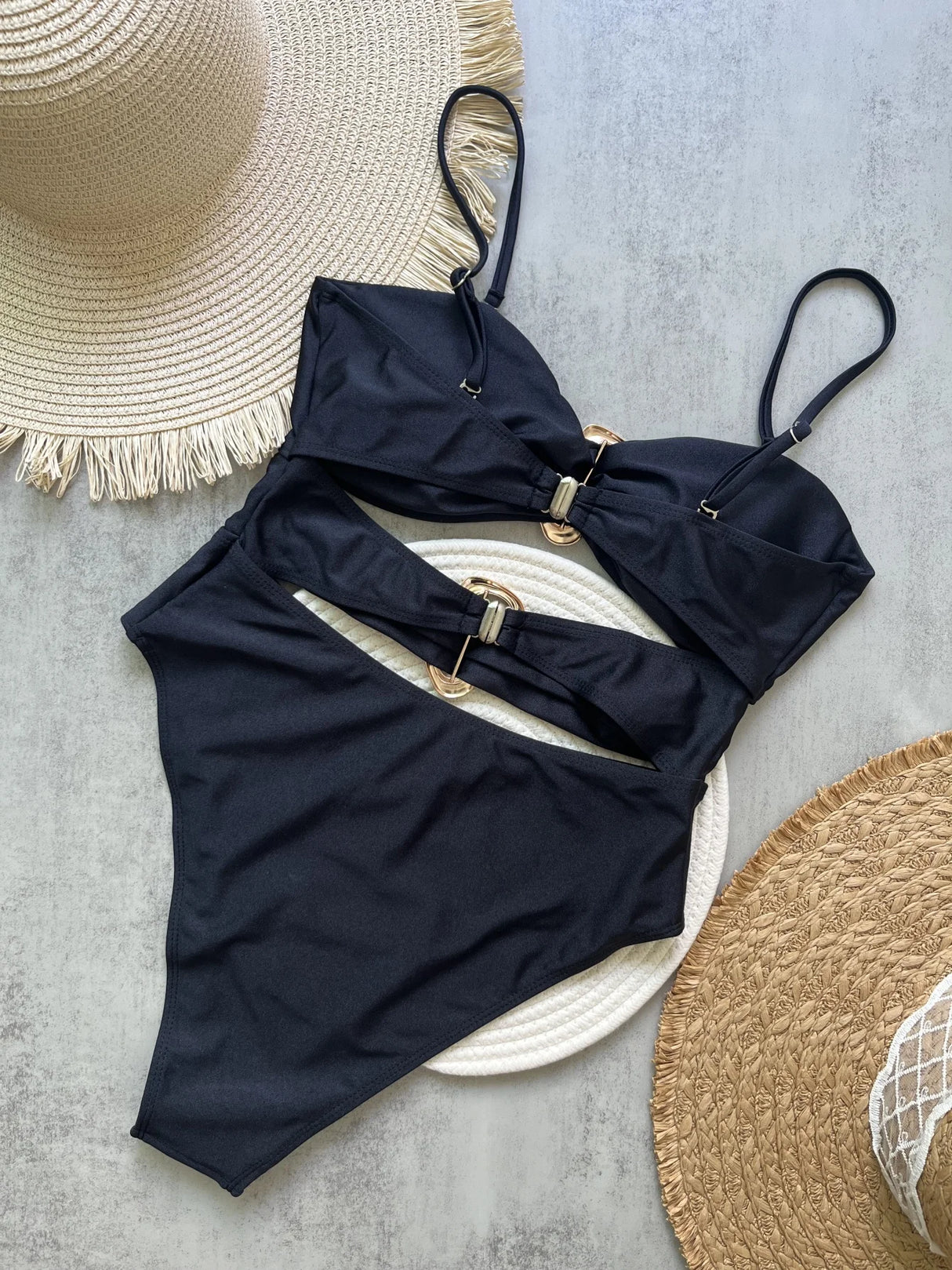 Women Metal Ring Bandeau Swimsuit