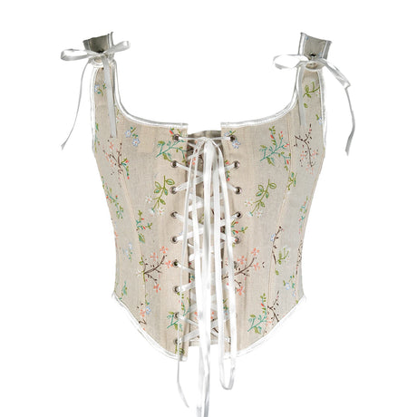 Retro corset cropped camisole top with floral embroidery and lace-up front for summer parties.