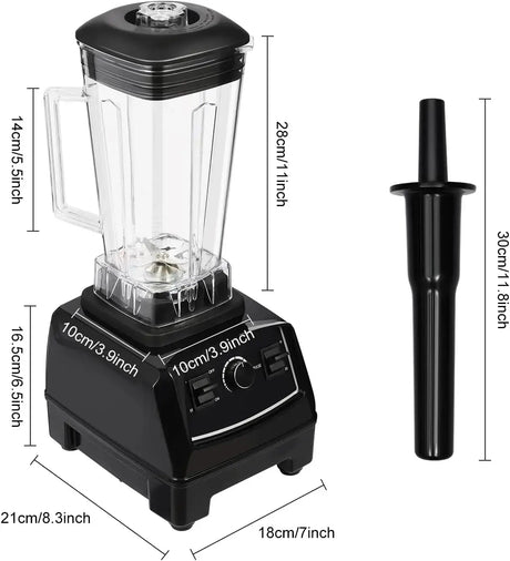 Countertop smoothie blender with dimensions labeled, featuring a clear blending jar and black housing.