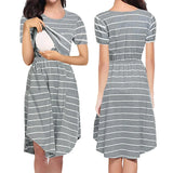 Striped multifunctional nursing dress for maternity, featuring a boat neck and knee-length design, perfect for baby showers.