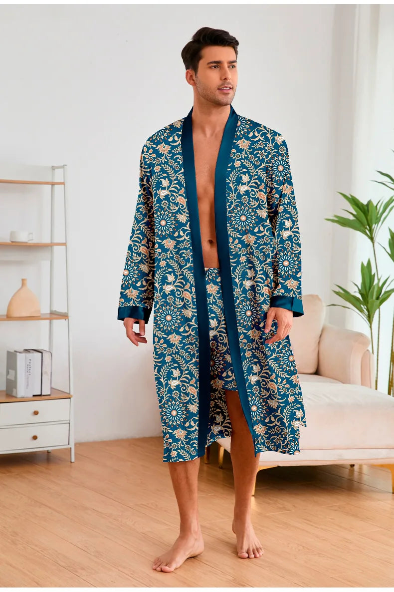 Men’s Leopard Satin Bathrobe Set