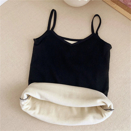 Black casual velvet crop tank top with a sleek design and adjustable spaghetti straps, showcasing comfort and style.