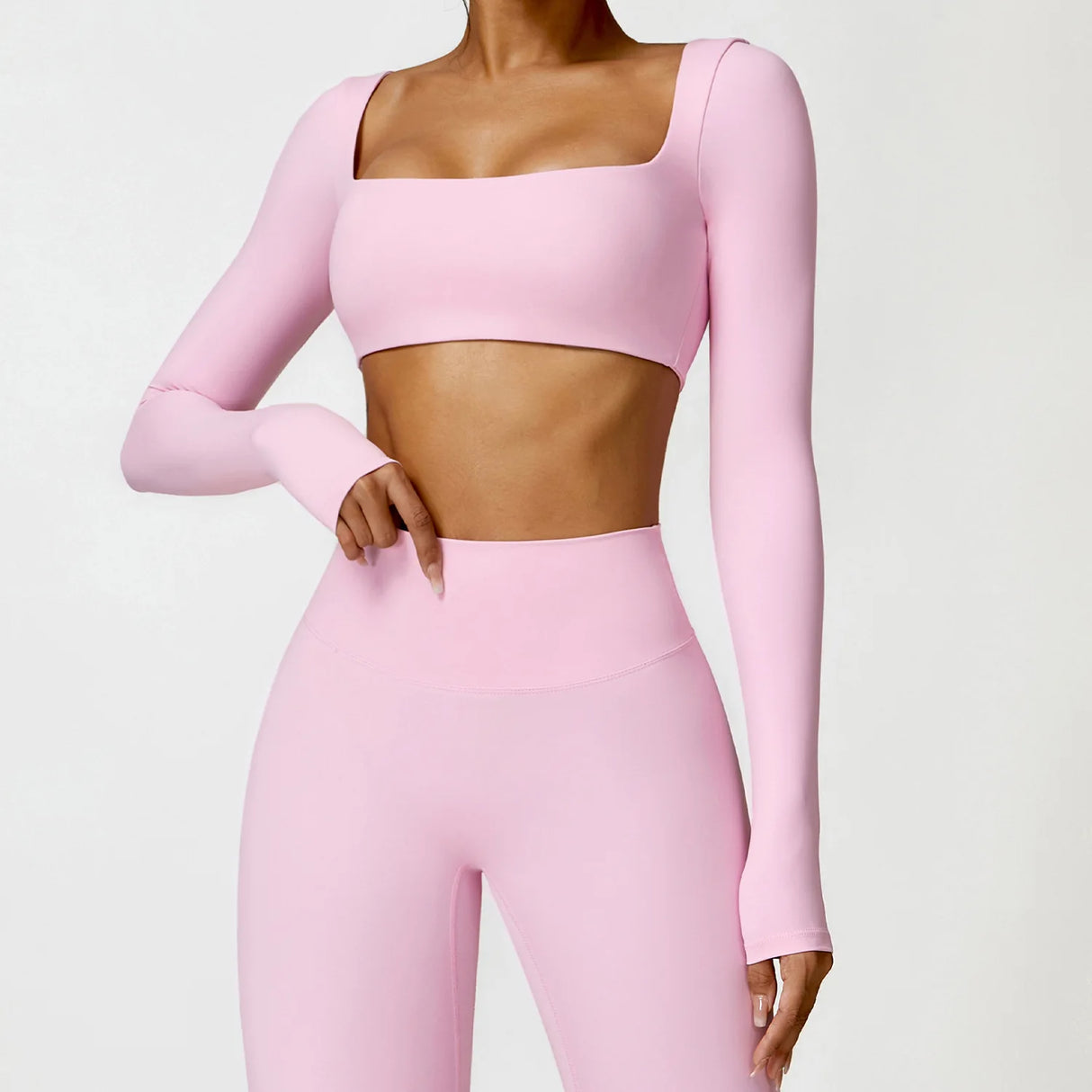 Women's Seamless Long Sleeve Yoga Crop Top – Quick-Dry Square Neck Gym Shirt
