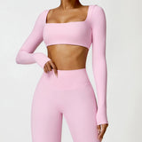 Women's Seamless Long Sleeve Yoga Crop Top – Quick-Dry Square Neck Gym Shirt