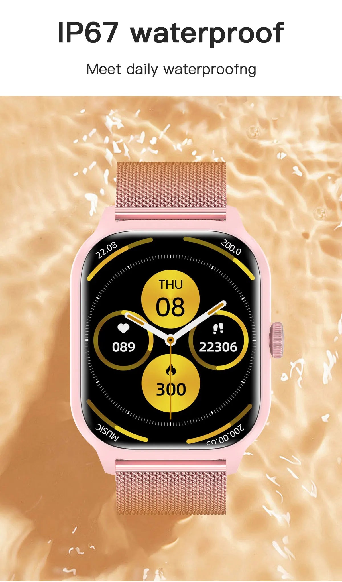 IP67 waterproof LEMFO LT10 Smart Watch in pink, showcasing fitness tracking features and stylish design.