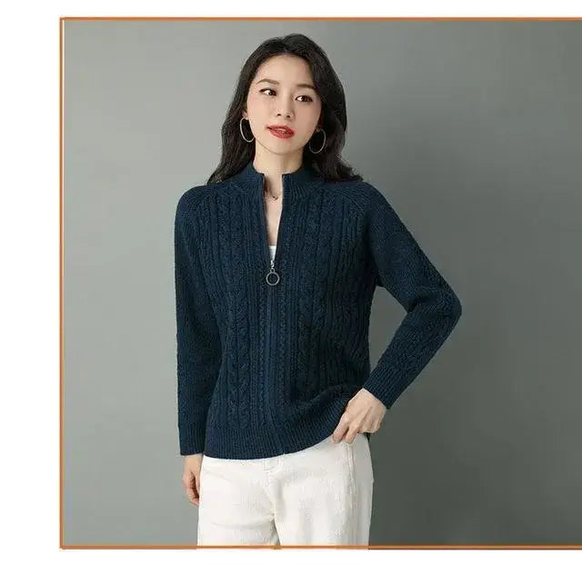 Women Zipper High Collar Knit Cardigan