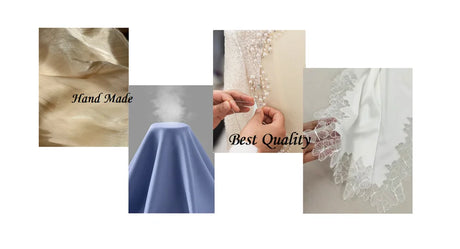 Collage showcasing luxurious fabrics for bespoke wedding dresses: satin, lace, handcrafted details, and best quality craftsmanship.