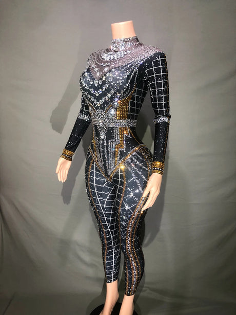 Rhinestone jumpsuit stage outfit for women, designed for dance performances, featuring a black knit fabric with shimmering details.