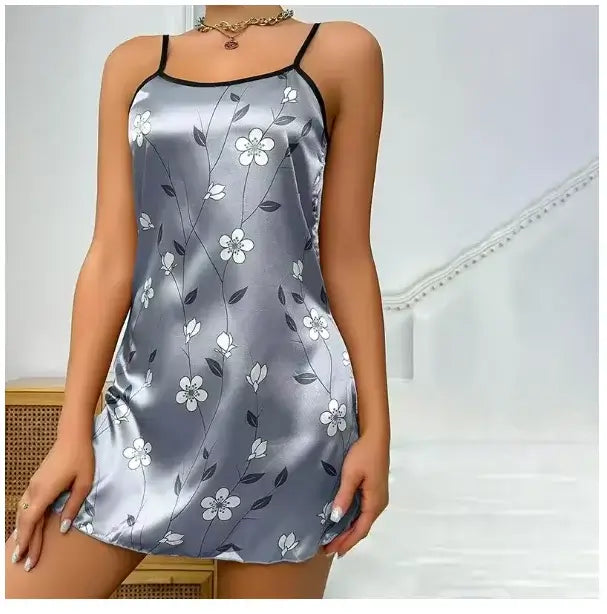 Women Black Floral Nightdress Satin Sleepshirt Casual