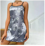 Women Black Floral Nightdress Satin Sleepshirt Casual