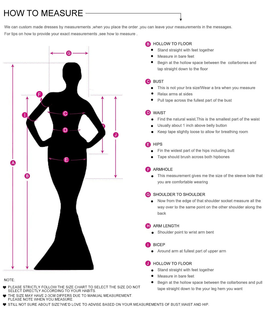 Measurement guide for bridesmaid dress fitting including bust, waist, hips, and arm length.