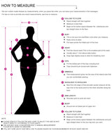 Measurement guide for bridesmaid dress fitting including bust, waist, hips, and arm length.