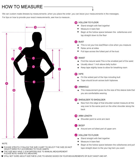 Measurement guide for bridesmaid dress fitting including bust, waist, hips, and arm length.