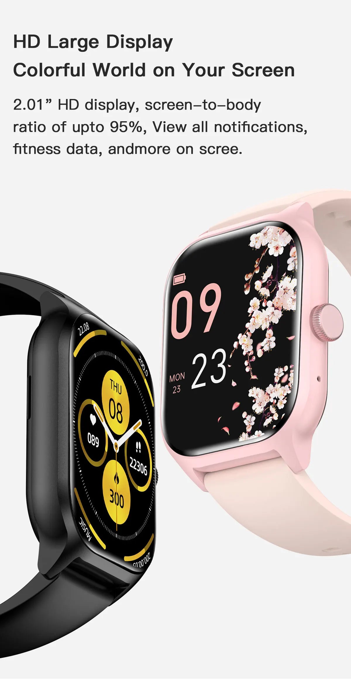 LEMFO LT10 Smart Watch with 2.01'' HD display, showcasing vibrant notifications and fitness tracking features.