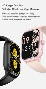 LEMFO LT10 Smart Watch with 2.01'' HD display, showcasing vibrant notifications and fitness tracking features.