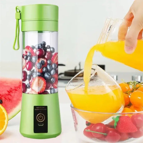 380ml Mini Electric Juicer in green, filled with fruits, pouring juice into a glass, USB rechargeable, portable design.