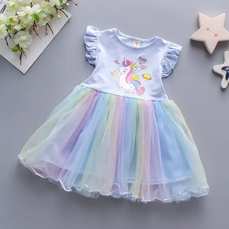 New summer unicorn dress for girls with colorful mesh skirt, perfect for parties and casual wear.