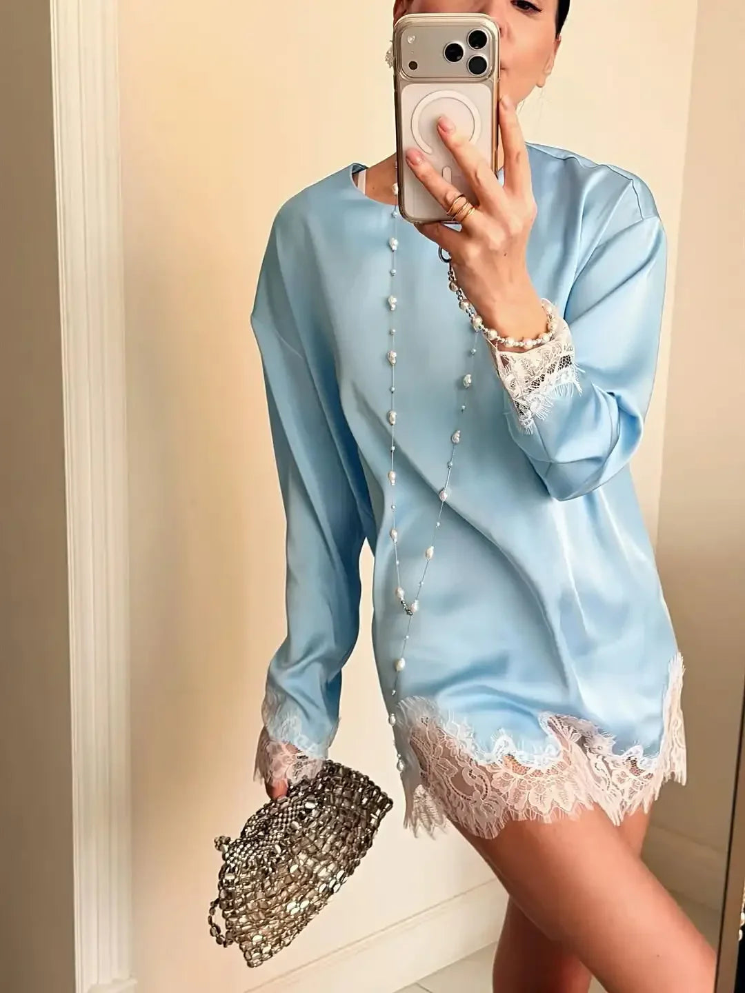 Elegant Satin Lace Midi Dress