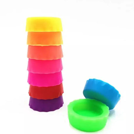 6 colorful silicone wine bottle caps stacked, reusable and perfect for preserving opened bottles.