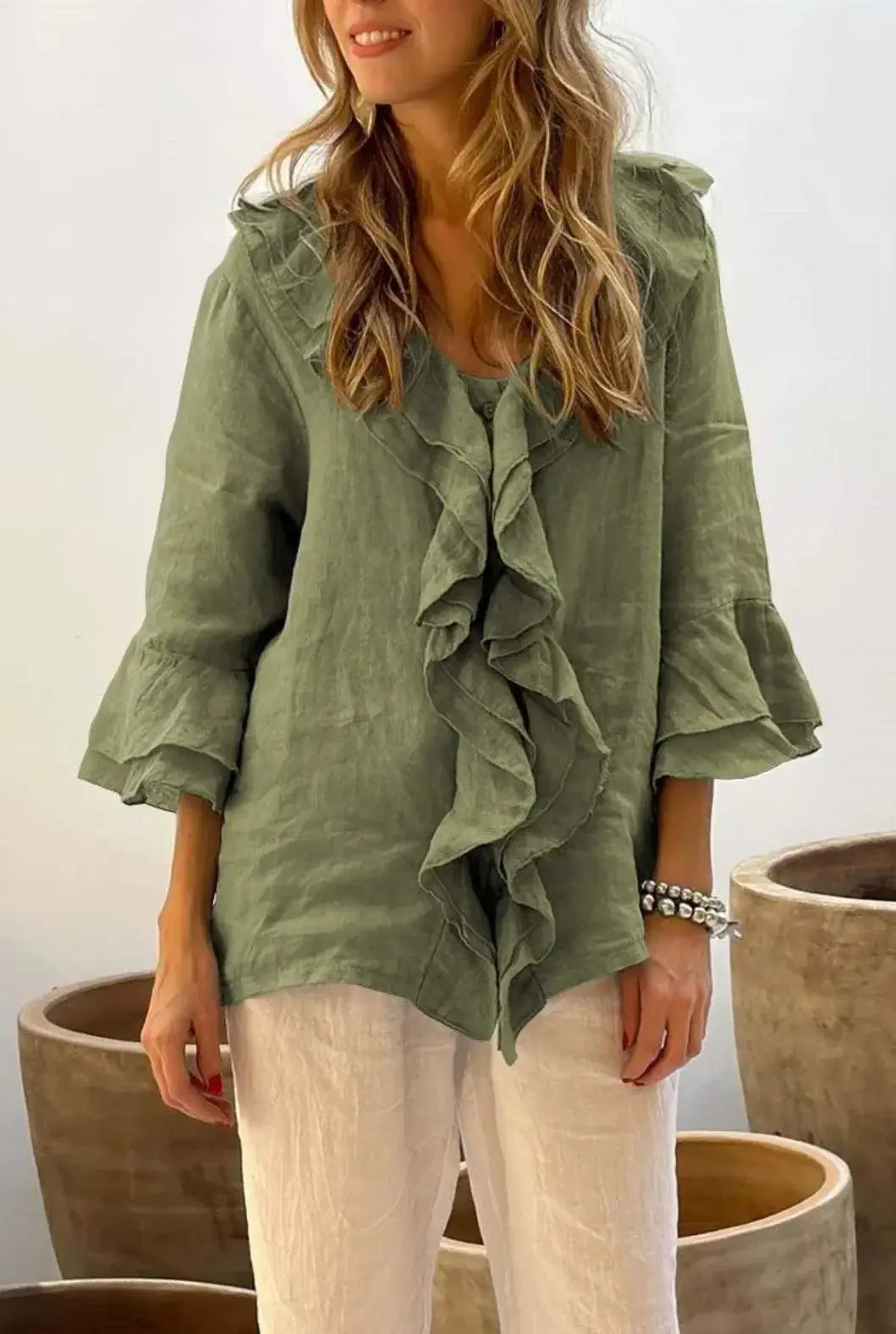 Women Ruffle Button Knit Cardigan