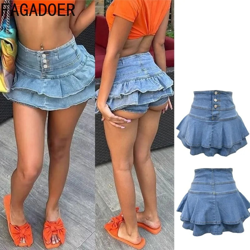 PatchSkirt™ – Ruched Pleated Denim Skirt (Streetwear, Button Detail)