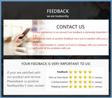 Customer feedback request graphic highlighting satisfaction, contact details, and rating system for product service.