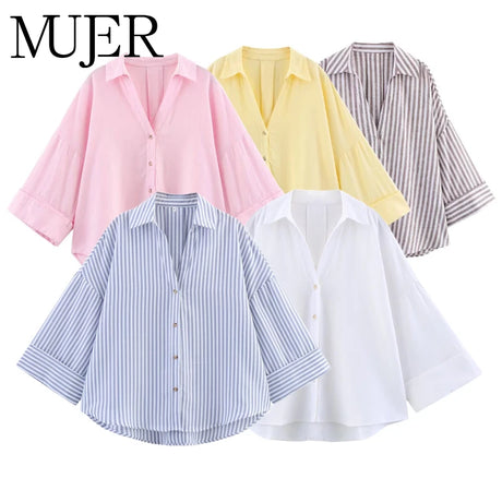 WideLine™ oversized striped shirts for women in pink, yellow, blue, white, and gray, featuring turn-down collars and loose fit.