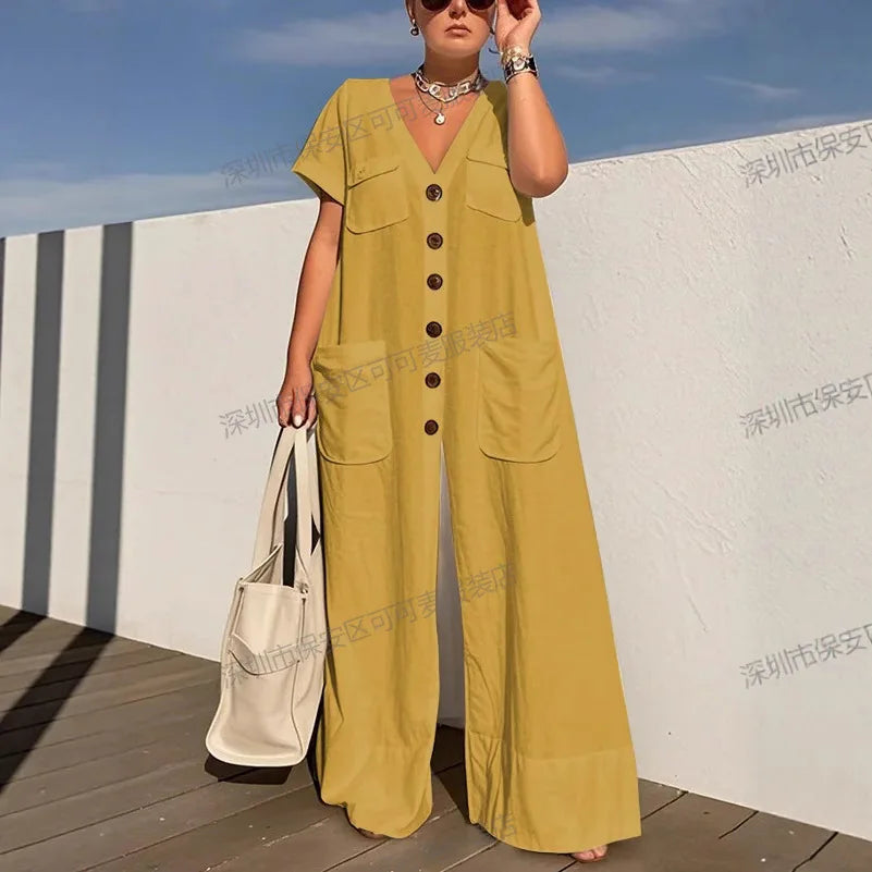 ModiWork™ – V-Neck Button Casual Office Jumpsuit (Smart, Relaxed & Stylish)