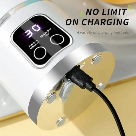 Close-up of the 10 Blades Portable Fruit Juicer showing a charging port and battery indicator for versatile charging options.