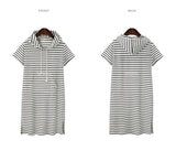 Striped pleated maternity dress in pink with hood, showcasing front and back views, designed for summer wear.