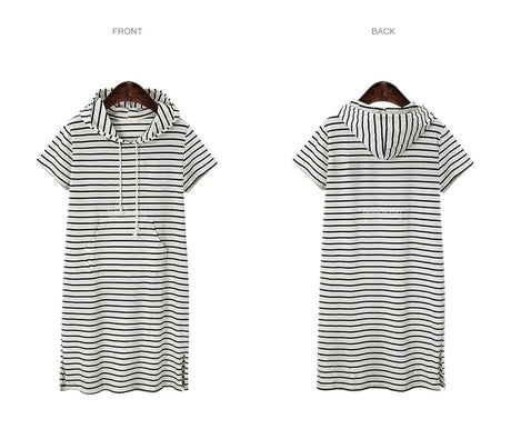 Striped pleated maternity dress in pink with hood, showcasing front and back views, designed for summer wear.
