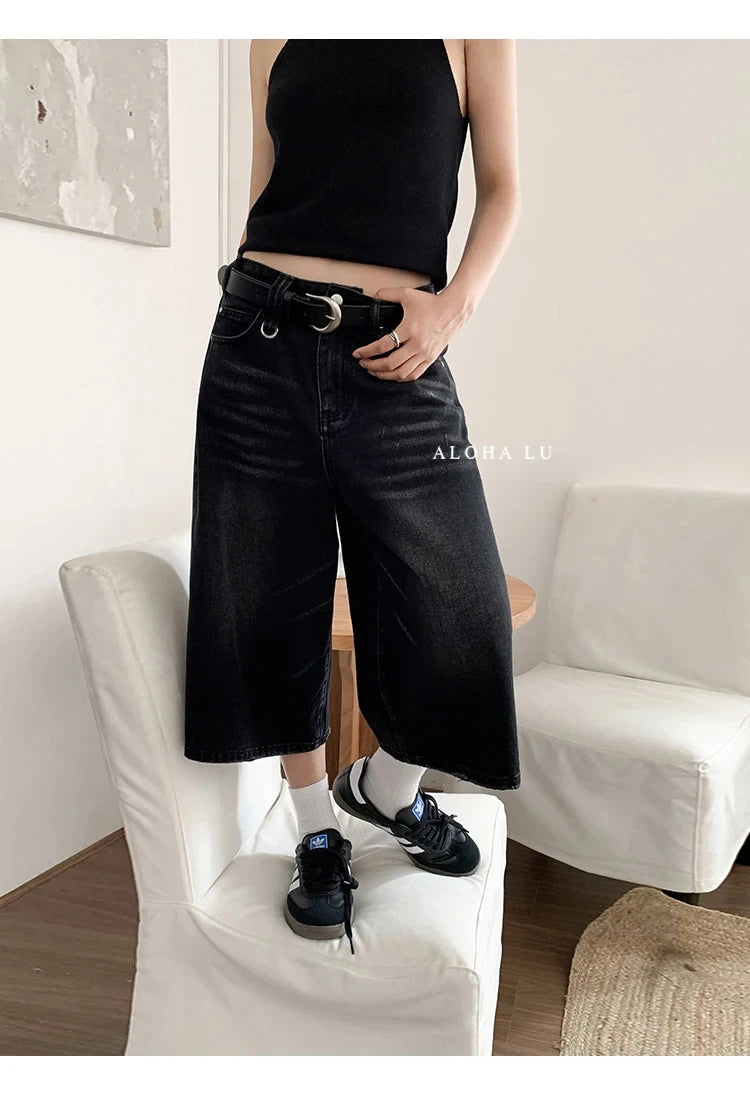 FadeMid™ – Black Retro Loose Shorts (High Waist, Y2K Mid-Length)
