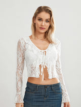 TieGlam™ Sheer Lace Crop Cardigan with flare sleeves and front tie design, perfect for clubwear and casual outings.