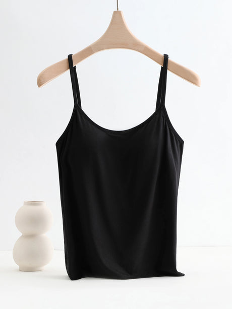 Bralux™ built-in bra camisole in black with adjustable straps, soft inner layer, and minimalist design.