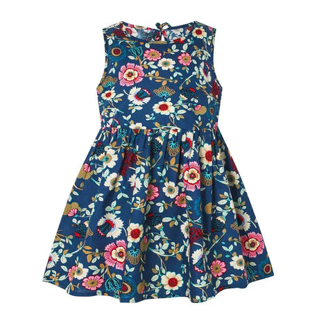 2025 Spring Summer girl vest dress featuring a colorful floral pattern on navy background, perfect for ages 4-6Y.