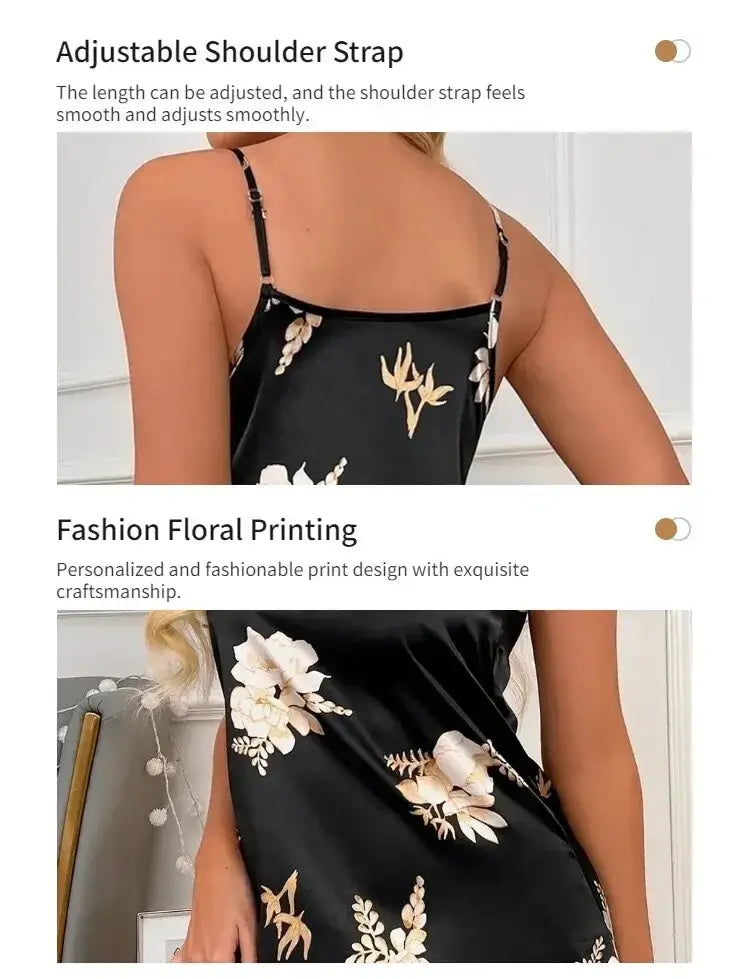 Women Black Floral Nightdress Satin Sleepshirt Casual