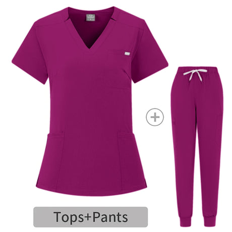 Summer breathable coveralls set featuring a purple top and pants, ideal for healthcare professionals.