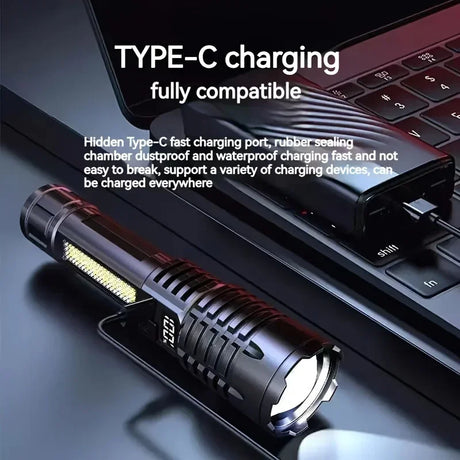Heinast high power LED flashlight with Type-C charging, showcasing compatibility and features on a laptop.
