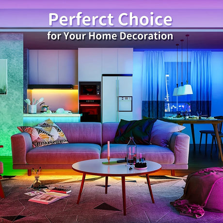 Cozy living room with RGB LED strip lights enhancing home decoration ambiance.