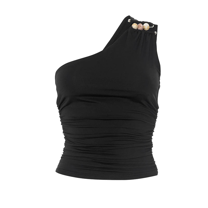 One-Shoulder Beaded Ruched Tank Top