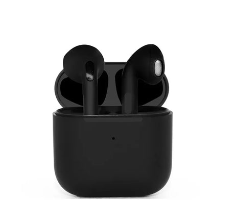 TWS semi-in-ear wireless noise-cancelling headphones in black charging case.
