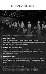 Timeline of LOUIS YAO highlighting brand milestones in fashion shows and awards from 2018 to 2021.